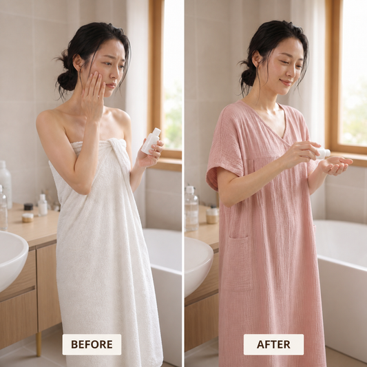Before and after: hands-free post-shower skincare in the cotton gauze lounge dress