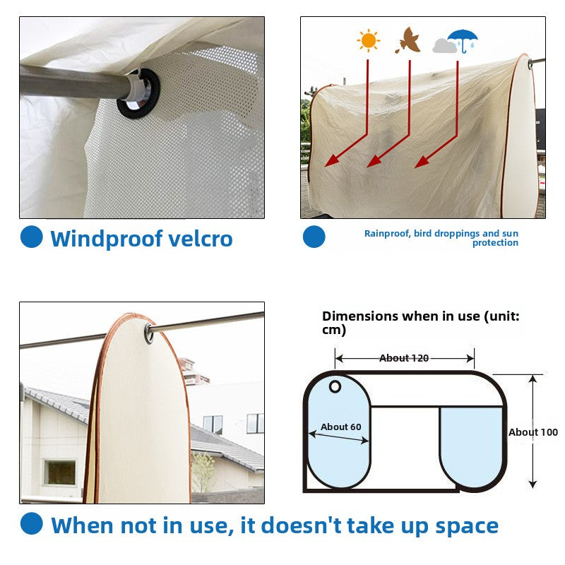 Outdoor laundry cover features including wind fastener and ventilation