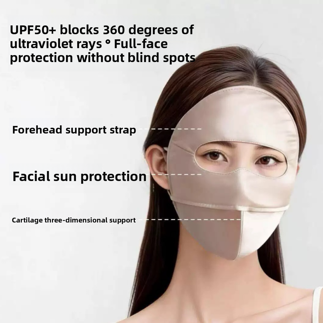 Full-coverage UPF 50 plus face and neck sun shield worn in beige