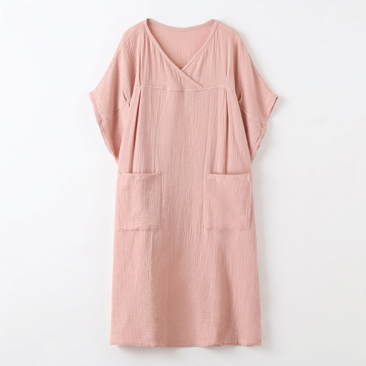 Pink cotton gauze lounge dress with V-neck and two front pockets