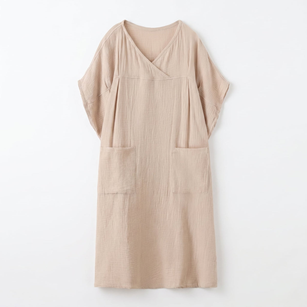 Beige cotton gauze lounge dress with V-neck and two front pockets