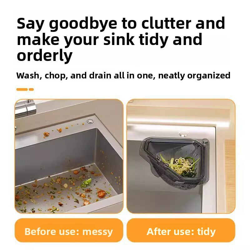 Before and after view of a sink using the corner strainer basket