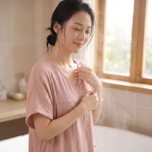 Woman wearing the pink NAGOMI cotton gauze lounge dress after a shower