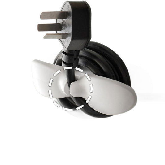White flexible organizer holding a wrapped power cord and plug