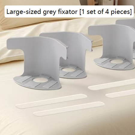 Gray bed sheet fixing clip set with four clips and strips