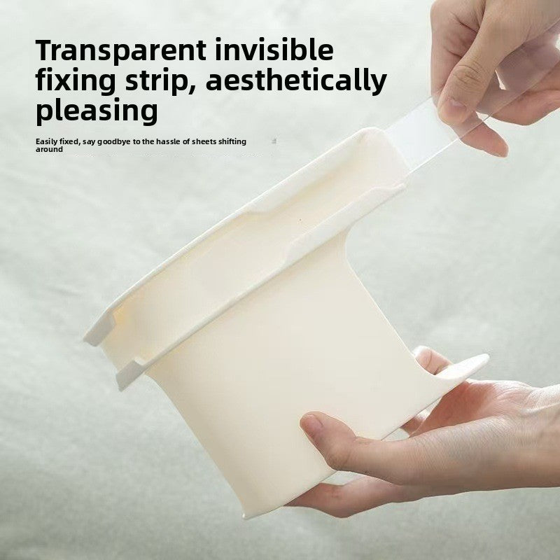 Transparent fixing strip being inserted into a bed sheet clip