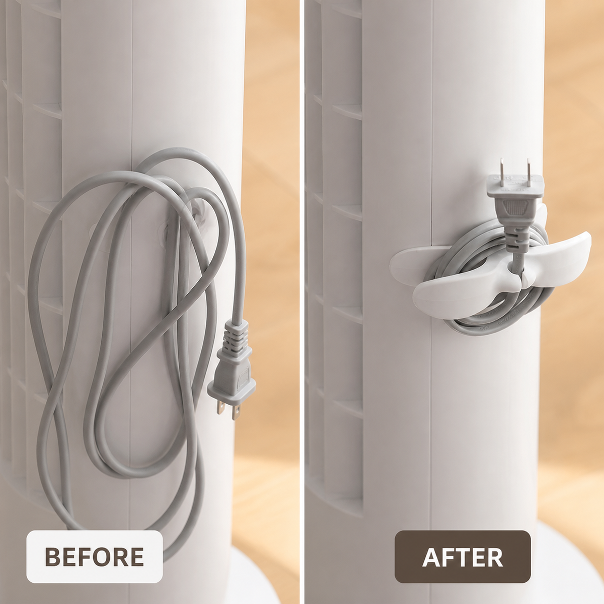 Before and after: loose appliance cord organized with the self-adhesive cable holder