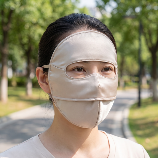 Champagne full face sun mask worn outdoors