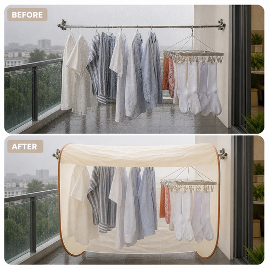Before and after: outdoor laundry protected by the pop-up cover