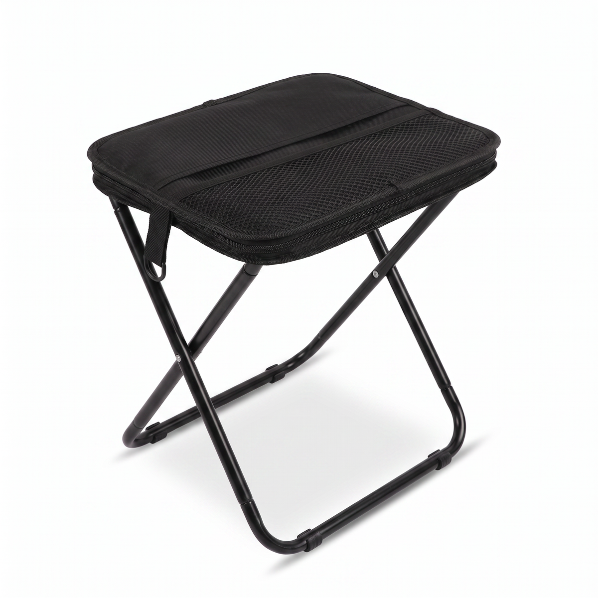 Black portable handbag folding stool fully opened on a white background