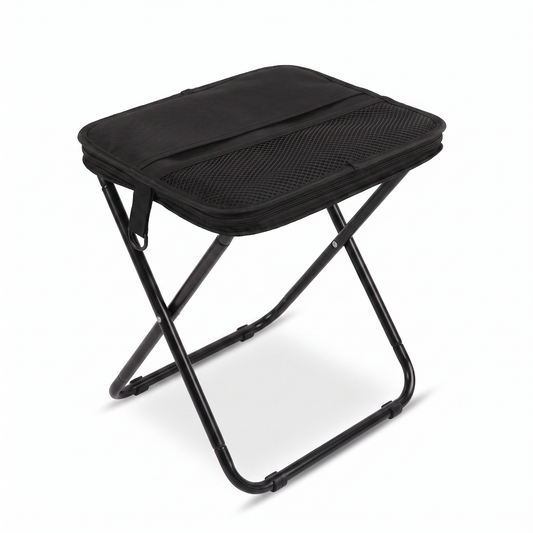 Black portable handbag folding stool fully opened on a white background