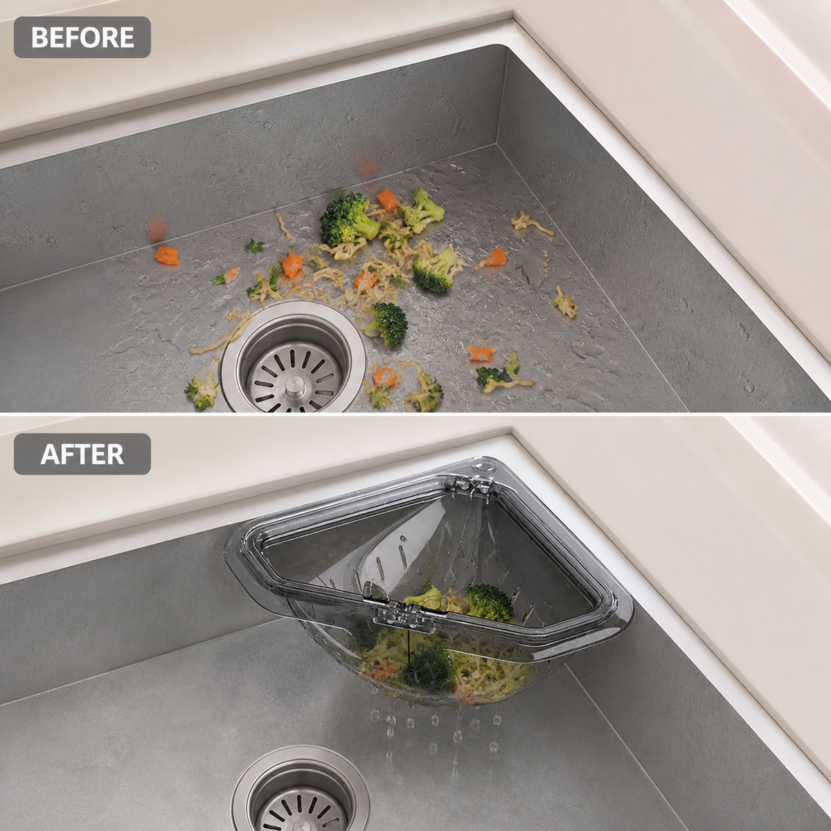Before and after: food scraps contained in the magnetic corner sink basket